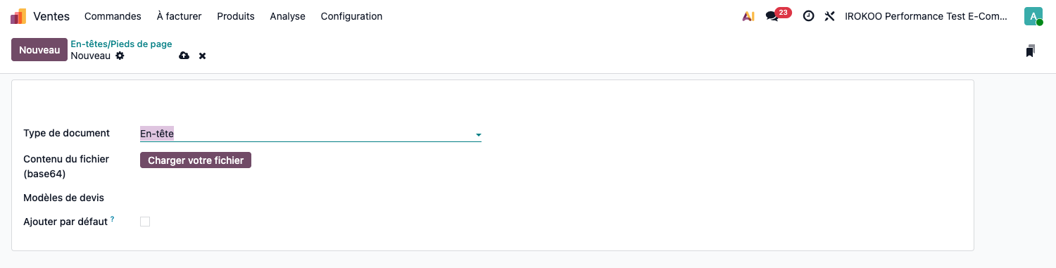 Configuration d'un en-tête de devis