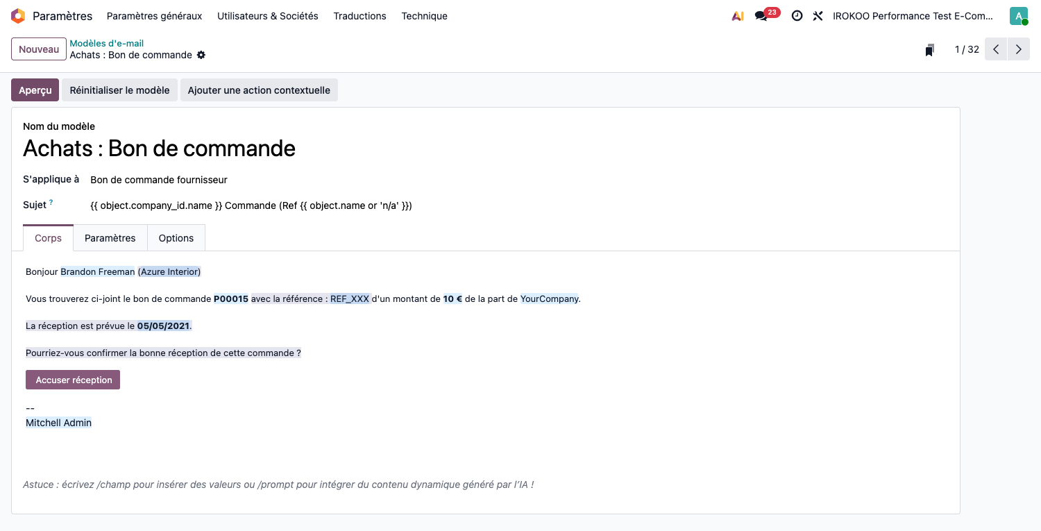 Modèle d'e-mail et son onglet Corps