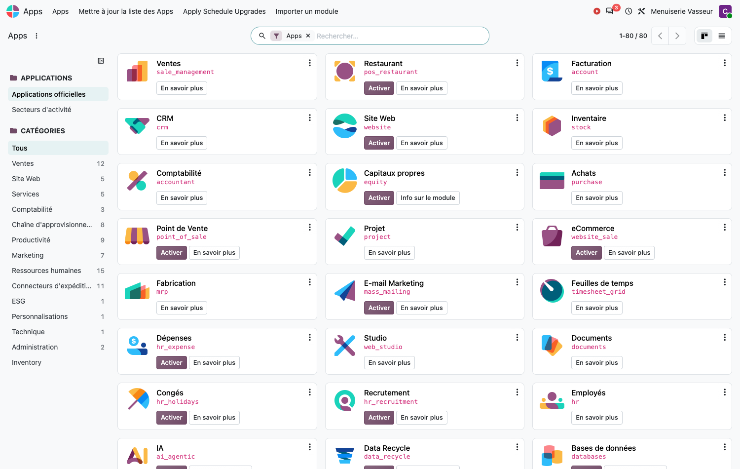 Écran d'installation des applications