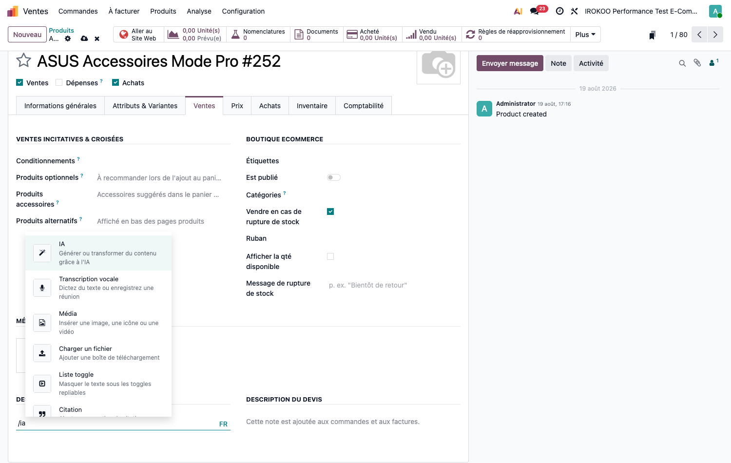Champ complété par l'assistant sur une fiche produit