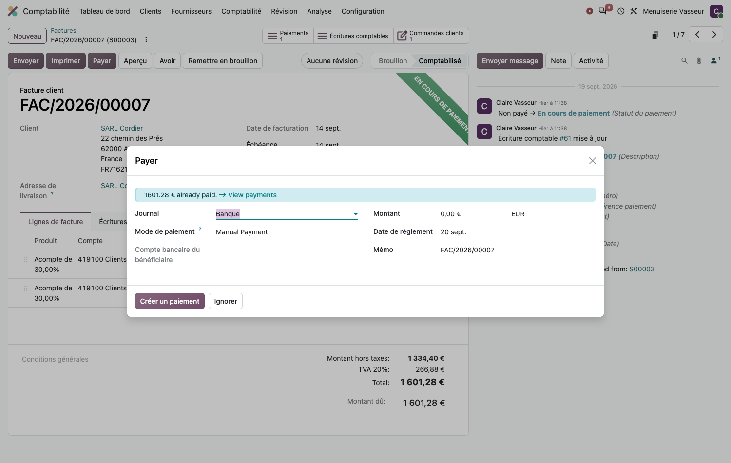 Enregistrement d'un paiement client