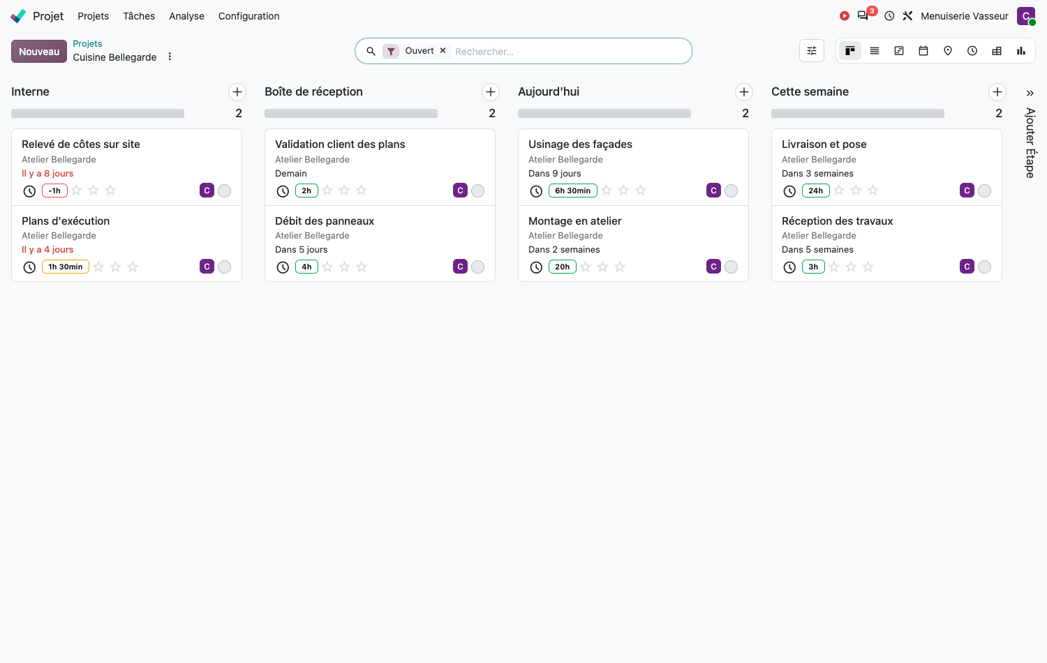 Boutons intelligents d'un projet facturable