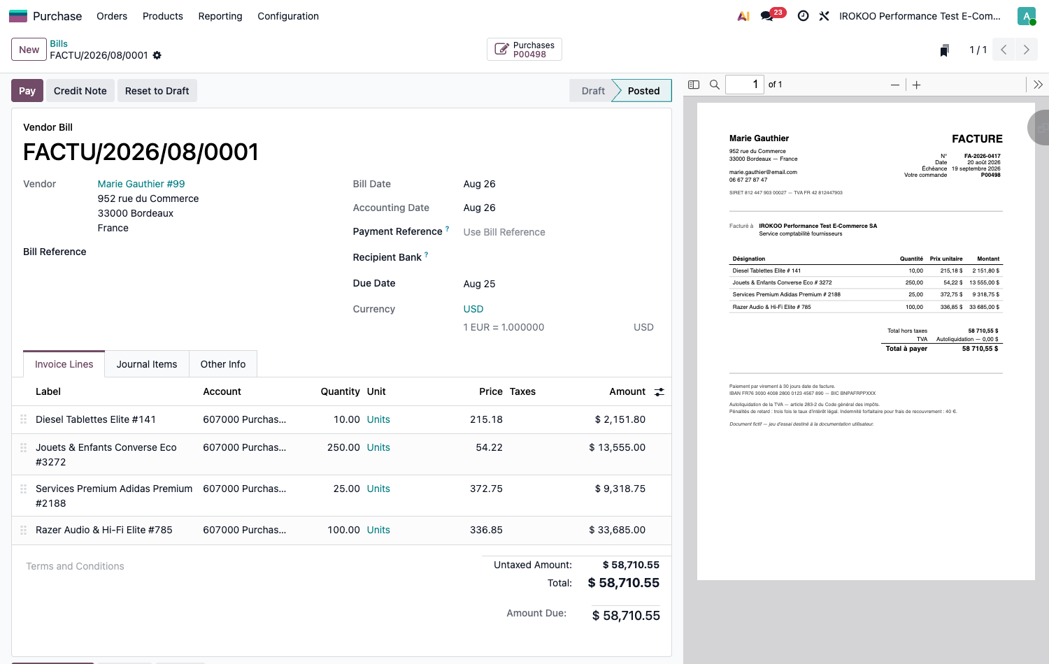 Vendor bill uploaded from an order