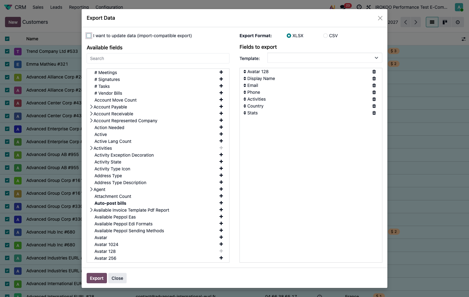 Data export dialog