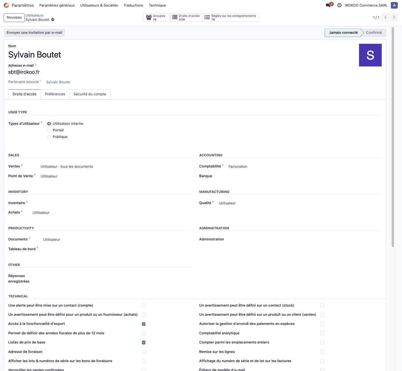 Écran de gestion des utilisateurs
