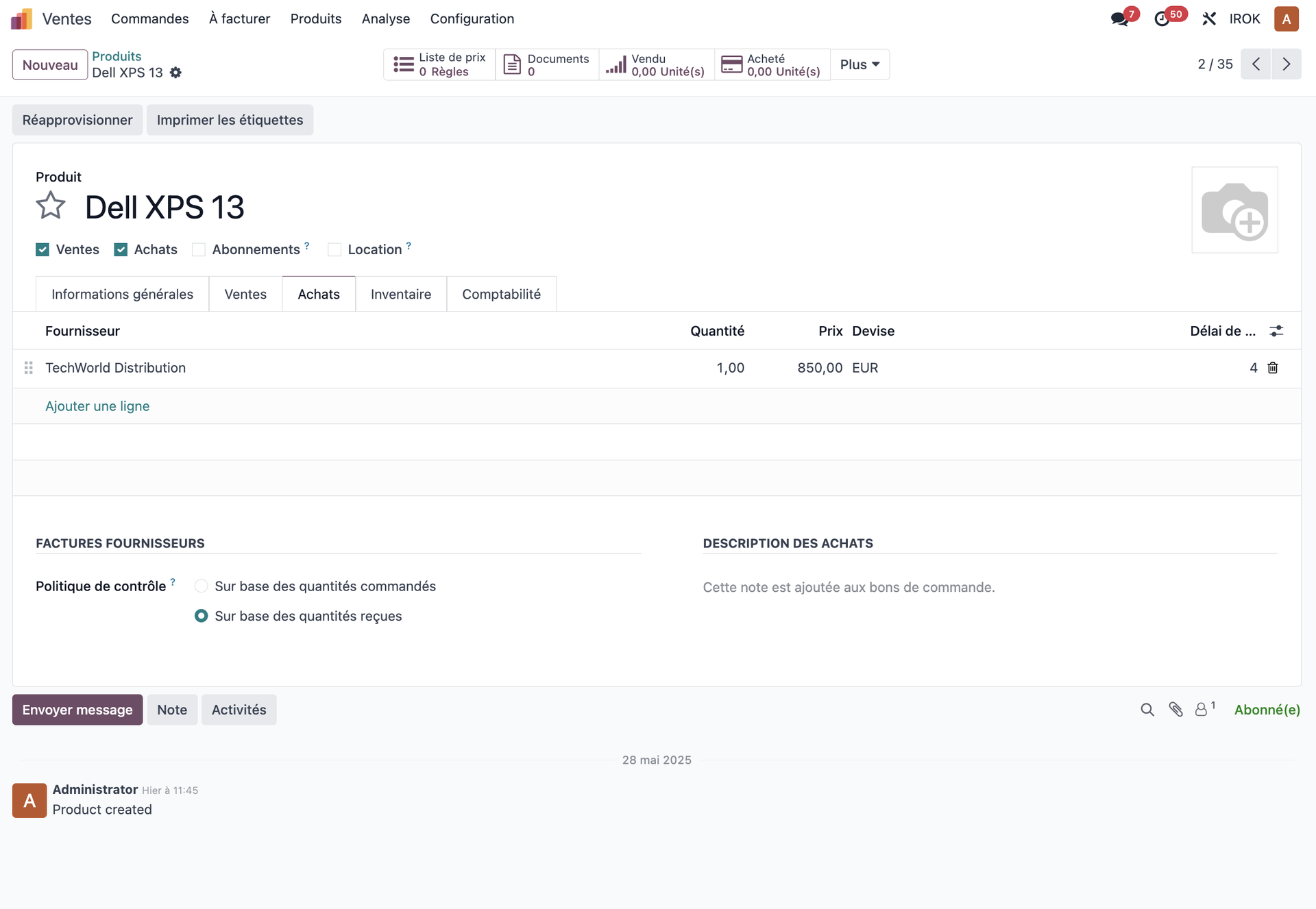 Configuration des informations d’achat d’un produit