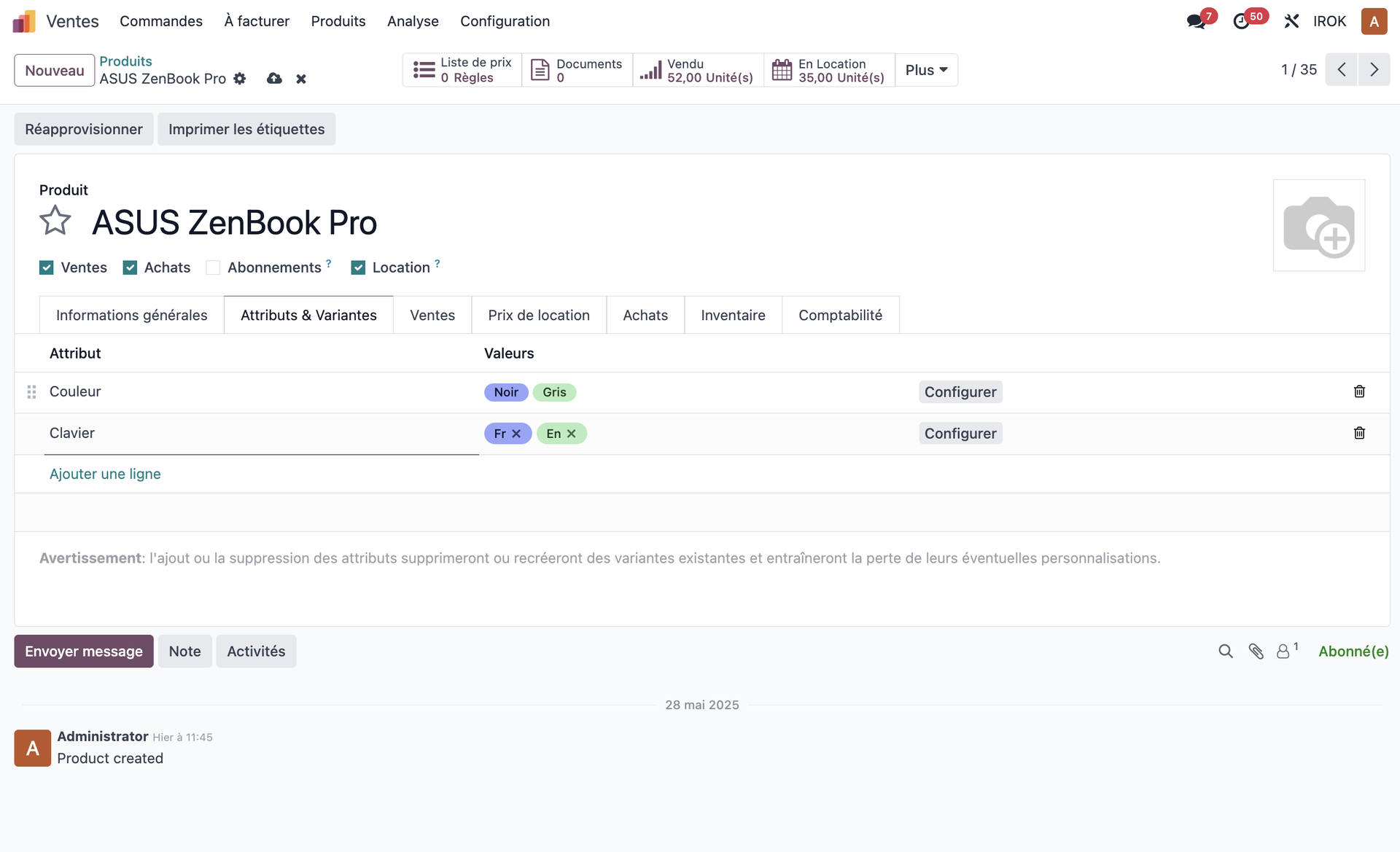 Configuration des variantes de produit