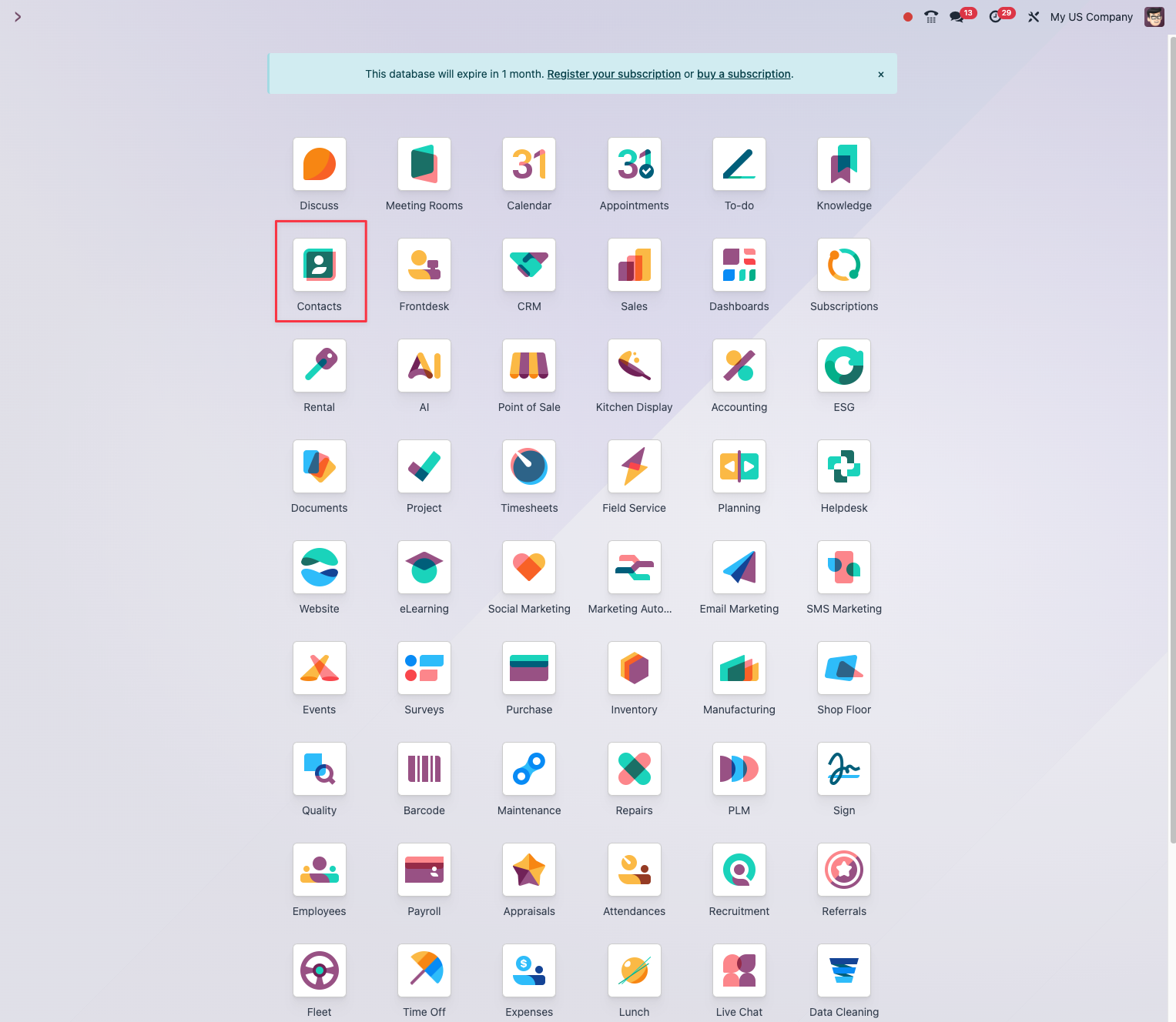 Application Contacts dans l’interface Odoo