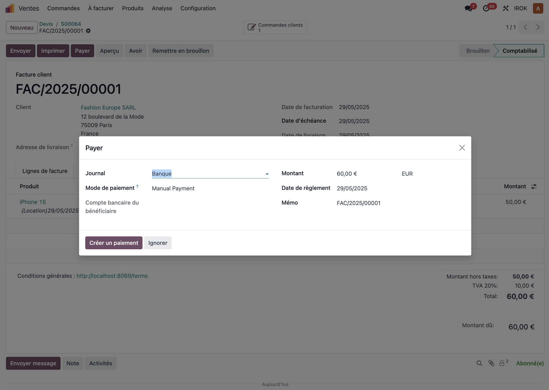 Enregistrement du paiement d’une facture client